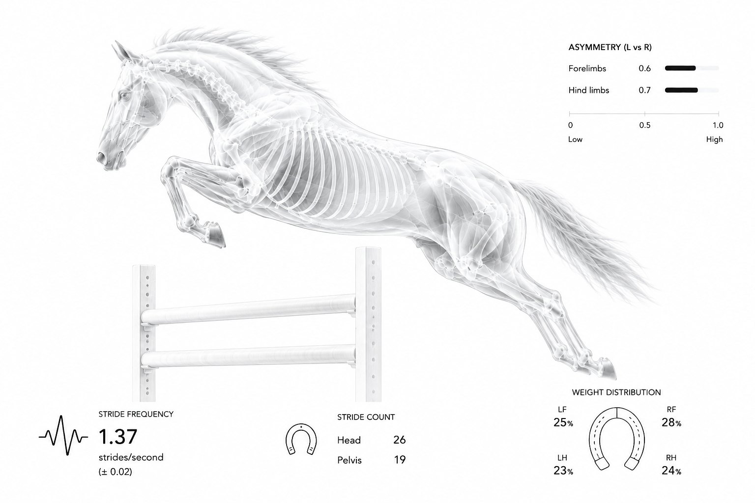 Gait analysis overlay: asymmetry, stride frequency and weight distribution
