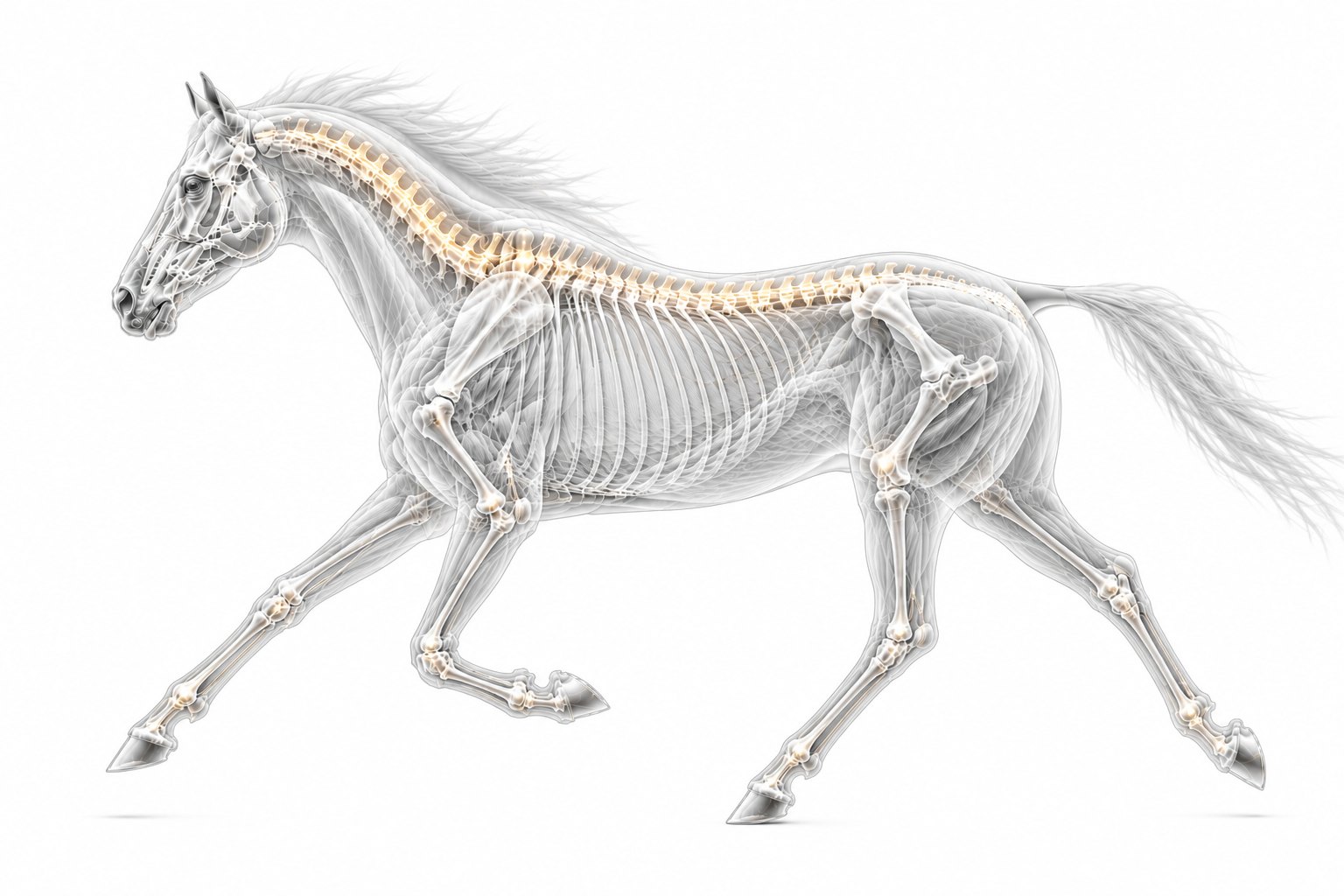 Translucent equine skeleton at trot with highlighted spine